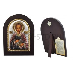 Икона "Пантелеймон", арочная, риза металл, рамка тёмный мдф; напыление сер.&зол.&цв.эмаль; 15*21.Арт.И-ГР-1120BX-C