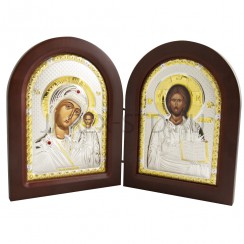 Складень "Спаситель - Казанская", рамка дерево, риза металл, напыление серебро&золото; 20,5*31.Арт.И-ГР-1355-25Х