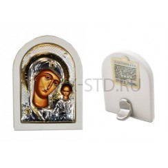 Икона "Казанская", арочная, риза металл, рамка светлый мдф, напыление серебро&золото; 4*6.Арт.И-ГР-1106WH-ОX
