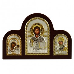 Триптих "Казанская - Спаситель - Николай Чудотворец", рамка дерево, риза металл, напыление серебро&золото; 14*21.Арт.И-ГР-1350-17X