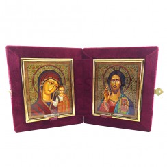 Складень "Спаситель - Казанская", красный бархат, полиграфия конгрев; 13,5*15.Арт.СКК-Б-1/2