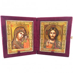 Складень "Спаситель - Казанская", красный бархат, полиграфия; 18*21.Арт.СКК-Б-2/2