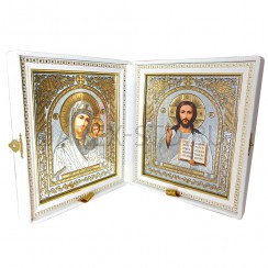 Складень "Спаситель - Казанская", белая экокожа с вышивкой, рамка багет, полиграфия; 18*21.Арт.СК-Б-44524