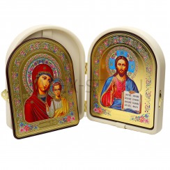 Складень "Спаситель - Казанская", арочный, белая экокожа,; 16*20.Арт.СК-КА-1620/бел