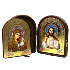 Складень "Спаситель - Казанская", арочный, коричневая экокожа,; 16*20.Арт.СК-КА-1620/кор