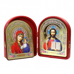 Складень "Спаситель - Казанская", арочный, красный экокожа,; 16*20.Арт.СК-КА-1620/кр