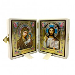 Складень "Спаситель - Казанская", белая экокожа, полиграфия; 12*14.Арт.СК-К-1214/бел