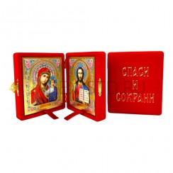 Складень "Спаситель - Казанская", флокированный красный, рамка багет, полиграфия; 12*14.Арт.СК-Ф-1214/кр