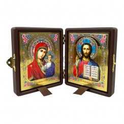 Складень "Спаситель - Казанская", коричневая экокожа, полиграфия; 16*20.Арт.СК-К-1620/кор