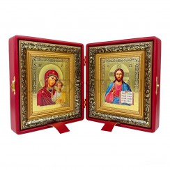 Складень "Спаситель - Казанская", красная экокожа, багетная рамка; 17*19,5.Арт.СК-К-БГ-1719/кр