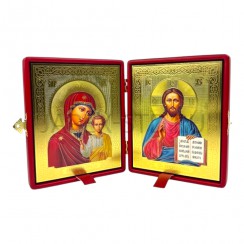 Складень «Спаситель - Казанская», красная экокожа, полиграфия, 16×20 см