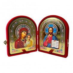 Складень "Спаситель - Казанская", красный бархат,арочный рамка багет, полиграфия; 12*14.Арт.СК-БА-1214/кр