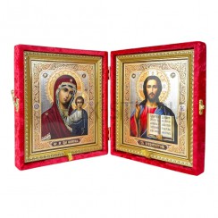 Складень "Спаситель - Казанская", красный бархат, рамка багет, полиграфия; 15*18.Арт.СБ-1518/кр