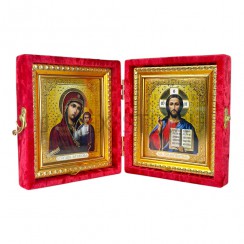 Складень "Спаситель - Казанская", красный, рамка багет, полиграфия; 10*12.Арт.СБ-1012/кр