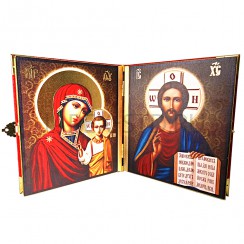 Складень "Спаситель-Казанская", мдф, холст, платиковое распятие; 18*22.Арт.СКЛ-07/кр
