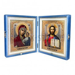 Складень "Спаситель - Казанская", нежно-голубой бархат, рамка багет, полиграфия; 15*18.Арт.СБ-1518/гол