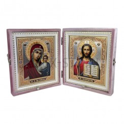 Складень "Спаситель - Казанская", нежно-розовый бархат, рамка багет, полиграфия; 15*18.Арт.СБ-1518/роз