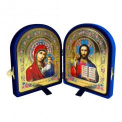 Складень "Спаситель - Казанская", синий бархат,арочный рамка багет, полиграфия; 16*20.Арт.СК-БА-1620/син