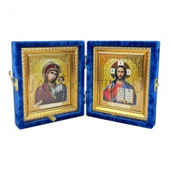 Складень "Спаситель - Казанская", синий бархат, рамка багет, полиграфия; 10*12.Арт.СБ-1012/син