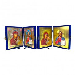 Складень "Спаситель - Казанская", синий бархат, рамка багет, полиграфия; 16*20.Арт.СК-Б-1620/син