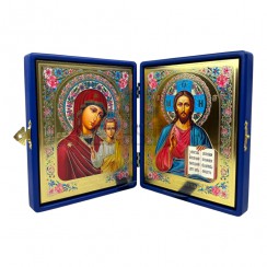 Складень "Спаситель - Казанская", синяя экокожа, полиграфия; 16*20.Арт.СК-К-1620/син