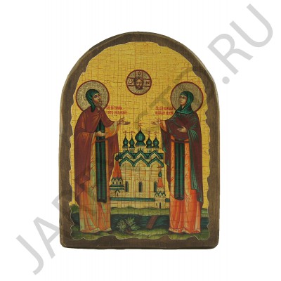 Икона "Пётр и Феврония", арочная, дерево под старину, печать-краска; 17*23.Арт.И-СТА-001/110