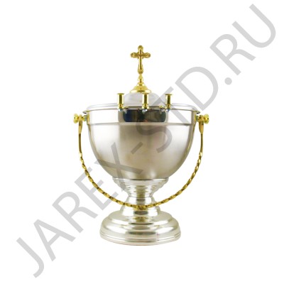 Водосвятная чаша Крест, 3 л., с подсвечниками, 3 шт., 1 витая ручка,  цвет серебро; h 42 см..Арт.ВЧ-А1/3