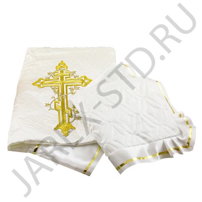 Комплект ритуальный атласный, покрывало с наволочкой, стеганный с вышивкой Крест; 200*70 см..Арт.КР-2086
