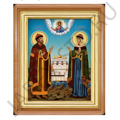 Икона "Петр и Феврония", холст, деревянная рамка, риза золото; 25,5*32.Арт.ИХ-002/110