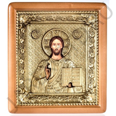 Икона "Спаситель", риза , лоза,  светлая деревянная рамка, полиграфия; 18*20.Арт.ИРЛ/133