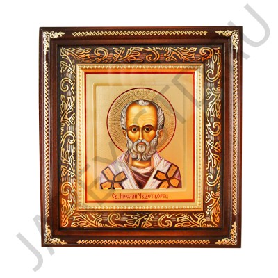 Икона "Николай Чудотворец", темная деревянная рамка, фигурный  киот, полиграфия; 19,5*21,5.Арт.ИФК-П/101