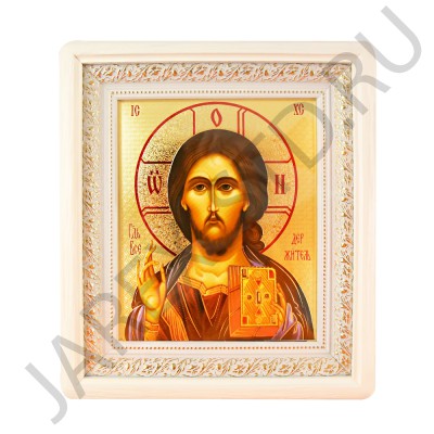 Икона "Спаситель", белая деревянная рамка, киот, полиграфия; 24*27,5.Арт.ИРБ-Б/133
