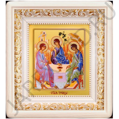 Икона "Троица", белая деревянная рамка, киот, полиграфия; 19,5*21,5.Арт.ИРБ-146