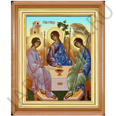 Икона "Троица", светлая деревянная рамка, киот, холст; 19,5х22,5.Арт.ИХ-001/146