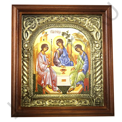 Икона "Троица", темная деревянная рамка, фигурный арочный киот, полиграфия; 17,5*19,5.Арт.ИФК-146