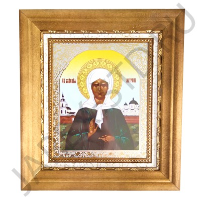 Икона "Матрона", светлая деревянная рамка, киот, багет, полиграфия; 16*18,5.Арт.ИКБ-1/061