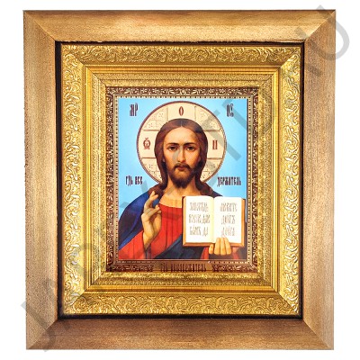 Икона "Спаситель", светлая деревянная рамка, киот, багет, полиграфия; 16*18,5.Арт.ИКБ-1/133