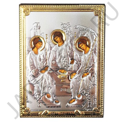 Икона "Святая Троица", риза металл, рамка мдф, напыление серебро&золото; 8,4*11,2.Арт.ИГД-007
