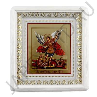 Икона "Архангел Михаил", белая деревянная рамка, киот, полиграфия; 19,5*21,5.Арт.ИРБ-006