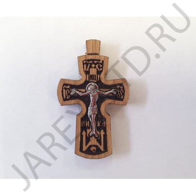 Православный нательный крест на гайтане, мельхиор с серебром, дерево граб; h4,0.Арт.ГН-004