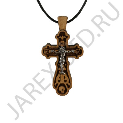 Православный нательный крест на гайтане, мельхиор с серебром, дерево граб; h4,0.Арт.ГН-007