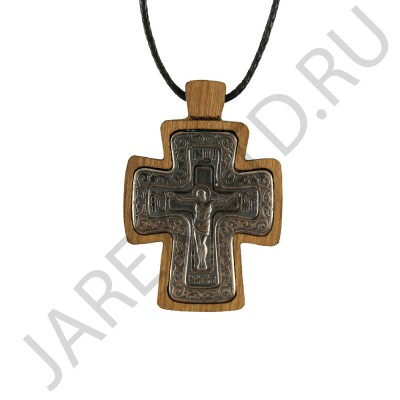 Православный нательный крест на гайтане, мельхиор с серебром, дерево граб; h3,5.Арт.ГР-003