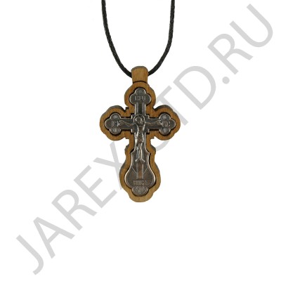 Православный нательный крест на гайтане, мельхиор с серебром, дерево граб; h3,8.Арт.ГР-007