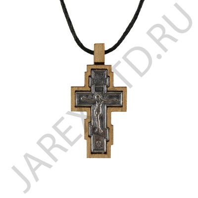 Православный нательный крест на гайтане, мельхиор с серебром, дерево граб; h3,5.Арт.ГР-011