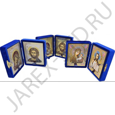 Складень "Спаситель - Казанская", синий бархат, рамка багет, полиграфия; 12*14.Арт.СК-Б-1214/син