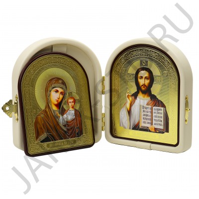Складень "Спаситель - Казанская", арочный, белая экокожа,; 12*14.Арт.СК-КА-1214/бел