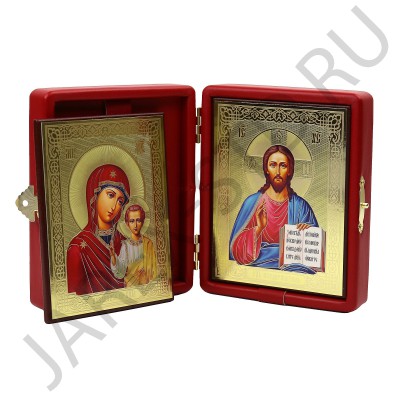 Складень "Спаситель - Казанская", красная  экокожа, полиграфия; 12*14.Арт.СК-К-1214/кр