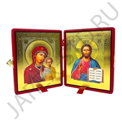 Складень "Спаситель - Казанская", красная экокожа, полиграфия; 16*20.Арт.СК-К-1620/кр