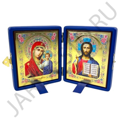 Складень "Спаситель - Казанская", синяя  экокожа, полиграфия; 12*14.Арт.СК-К-1214/син