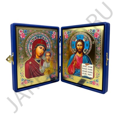 Складень "Спаситель - Казанская", синяя экокожа, полиграфия; 16*20.Арт.СК-К-1620/син